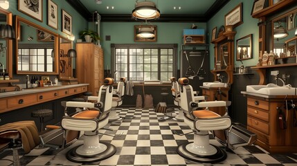 Wall Mural - A vintage barber shop guest room with retro barber shop decor, vintage barber chairs, straight razor shaves, and classic grooming services for a nostalgic and gentlemanly grooming experience.