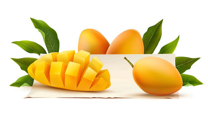 Wall Mural - Fresh mango with slices and leaves around wgite paper on wooden table