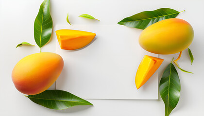 Wall Mural - Fresh mango with slices and leaves around wgite paper on wooden table