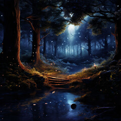 Poster - Eerie atmosphere: A dark forest path at night illuminated by glowing lanterns hanging from the trees