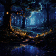 Sticker - Eerie atmosphere: A dark forest path at night illuminated by glowing lanterns hanging from the trees