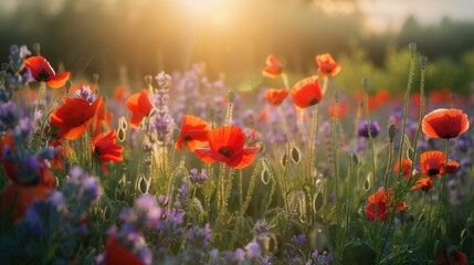Aufkleber - A field of poppies, bathed in the gentle light of dawn. Generative AI