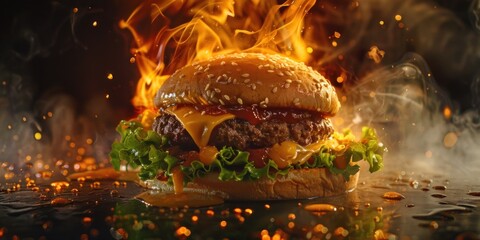 Wall Mural - Flame-Grilled Burger with Cheese and Lettuce