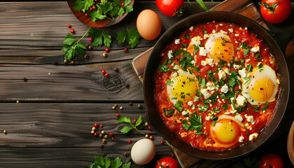 Wall Mural - Tasty and Healthy Shakshuka in a Frying Pan. Eggs Poached in Spicy Tomato Pepper Sauce