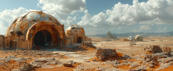 Wall Mural - A futuristic igloo made of rusty metal sits in a vast desert landscape. The dome-shaped structure has a ramp leading up to a doorway.  Rocks and sand surround the igloo against cloudy sky.