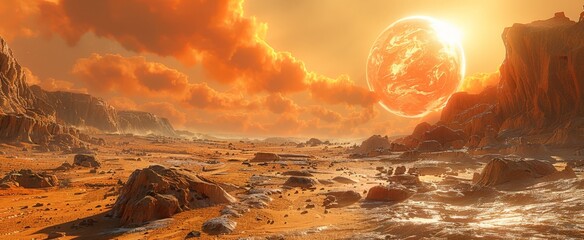 Wall Mural - An alien planet with a vast desert landscape bathed in the light of a large, orange sun.  Tall, rocky mountains rise in the background.