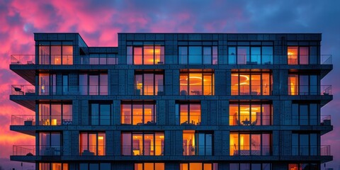 Poster - Illuminated Apartment Building at Dusk