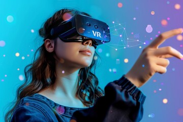 Canvas Print - Young woman immersed in a VR experience, using hand gestures to interact with virtual objects in a dynamic and colorful digital environment, exemplifying the engaging nature of VR technology.