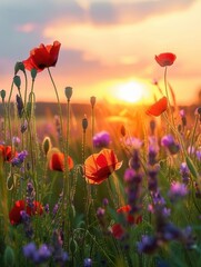 Aufkleber - A field of vibrant red poppies in full bloom, bathed in the soft golden glow of a sunrise. Generative AI