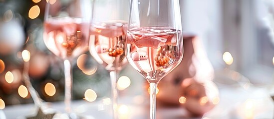 Rose wine glasses spotted at a festive gathering.