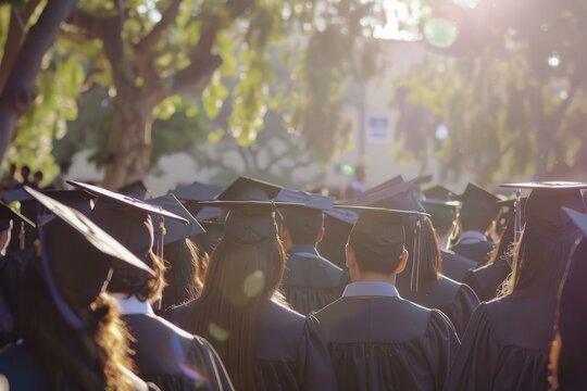 A large group of people wearing graduation caps and gowns in a university campus, A university campus filled with proud graduates and their families