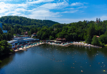 Aerial view of Bear lake (Ursu lake) from Sovata resort - Romania