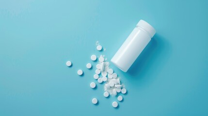 Sticker - Health Concept Open white tube with effervescent tablets on blue background pills spilled space for copy