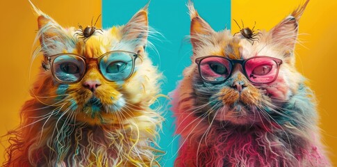  Two Colorful Cats in Glasses Against Vibrant Background