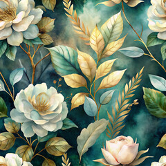 Sticker - flowers with soft pastel petals and golden-hued leaves are set against a deep, rich green background