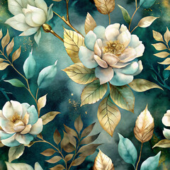 Sticker - flowers with soft pastel petals and golden-hued leaves are set against a deep, rich green background