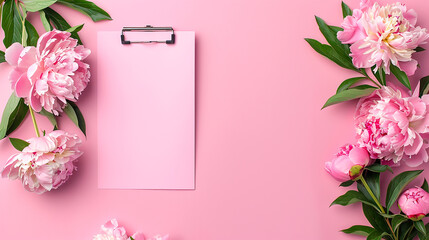 Wall Mural - Pink clipboard with flowers on a pink background, offering copy space for text, perfect for a floral-themed mockup