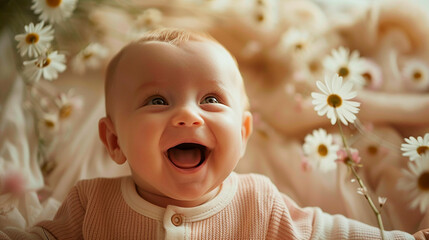 Wall Mural - A smiling baby surrounded by daisies, radiating pure joy and innocence