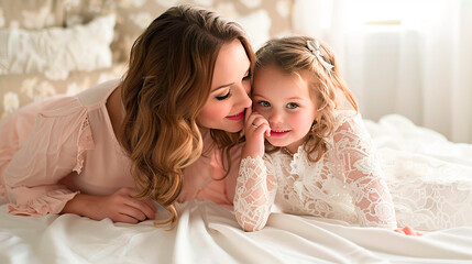 Wall Mural - A mother and daughter in white dresses lying on a bed and sharing a tender moment, smiling in a softly lit room