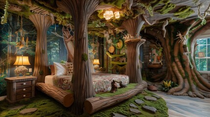 Wall Mural - An enchanted forest guest room with tree trunk bed posts, woodland creature decor, mossy accents, and a forest canopy mural for a magical woodland retreat.