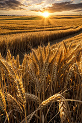 Rich wheat field at sunset sky background, harvest. Rural field landscape, scenery with rye field on skyline, amazing landscape serene scene ryefield. Rich harvesting concept. Copy ad text space