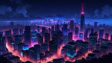 Wall Mural - Neon glowing city light builldings Anime illustration flat line art, anime background