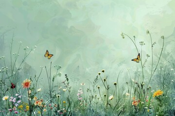 Poster - Butterflies in flight above colorful flowers in lush meadow, A verdant meadow with wildflowers and butterflies on a soft green backdrop