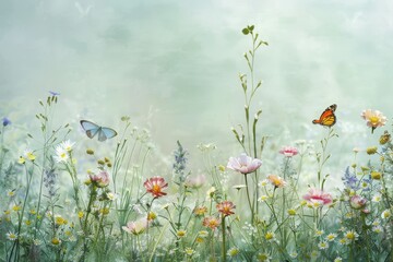 Poster - A painting featuring a colorful field filled with vibrant wildflowers and fluttering butterflies, A verdant meadow with wildflowers and butterflies on a soft green backdrop