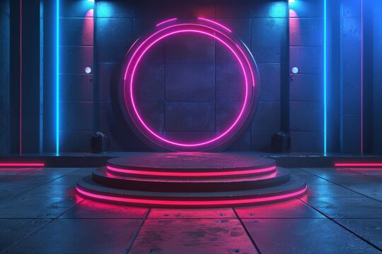 Futuristic Neon Stage. Empty platform podium with glowing circle and blue lights, perfect for product placement or cyberpunk backdrop.