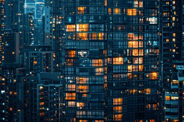Sticker - A very tall building with numerous glowing windows at night, creating a vibrant urban cityscape, A vertical cityscape filled with windows and lights
