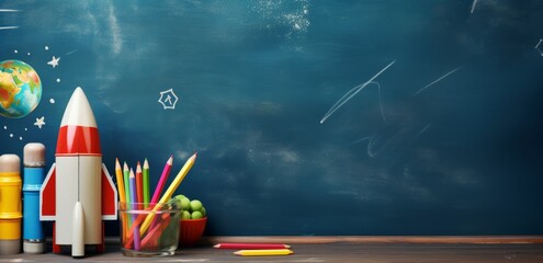 Wall Mural - Back to school with colorful supplies and space-themed chalkboard