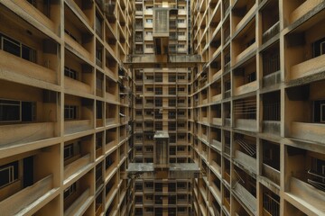 Poster - A very tall building covered in numerous windows, creating a striking vertical maze of interconnected spaces, A vertical maze of interconnected spaces