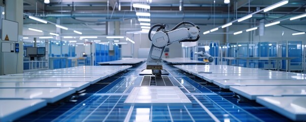 Poster - Advanced robotic arm in a modern factory manufacturing solar panels under bright lighting