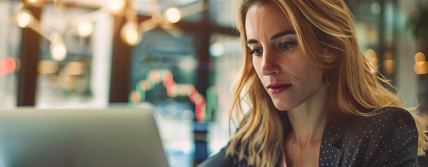 Wall Mural - A businesswoman reviewing stock market trends on a laptop, clear light, sharp focus, high clarity, ample copy space for text, no grunge, splash, dust, noise