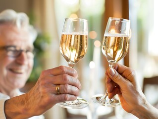 Wall Mural - A senior couple celebrating financial success with a toast, clear light, sharp focus, high clarity, ample copy space for text, no grunge, splash, dust, noise