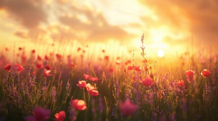 Aufkleber - A field of vibrant poppies, bathed in the warm light of the morning sun. Generative AI