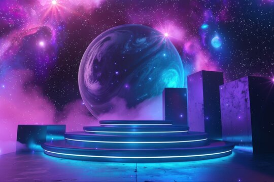 Futuristic neon podium with steps in a space environment with glowing planets and stars. Ideal for product placement, showcasing digital art, or game design.