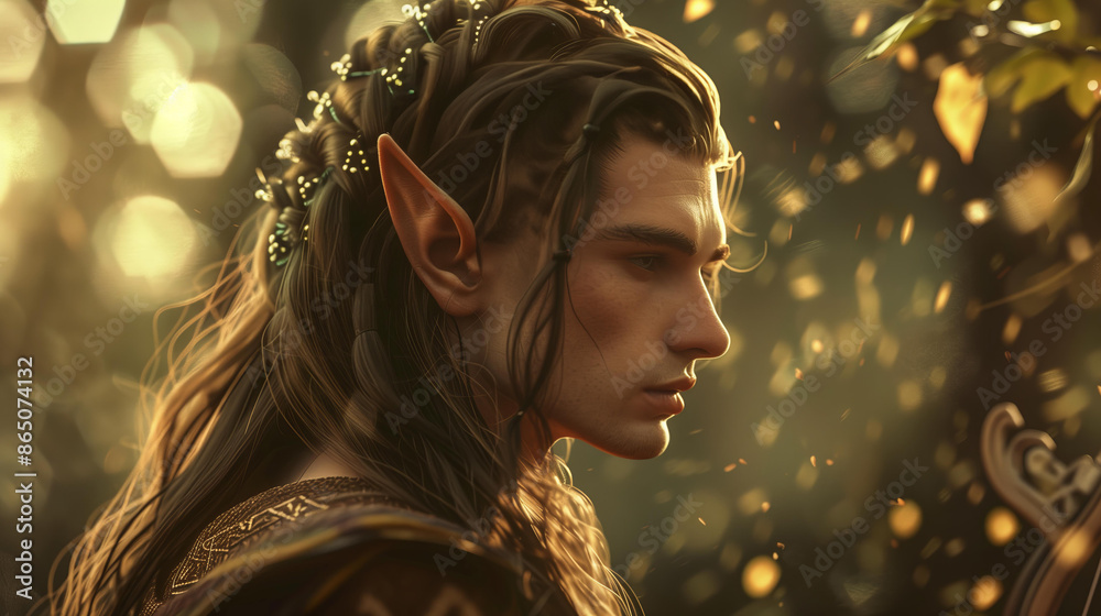 beautiful young forest elf with pointed ears, long hair, and a bow and ...