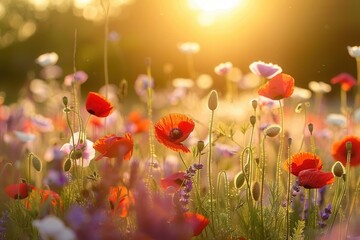 Aufkleber - A field of vibrant red poppies bathed in the soft light of sunrise, creating a romantic and picturesque scene. Generative AI