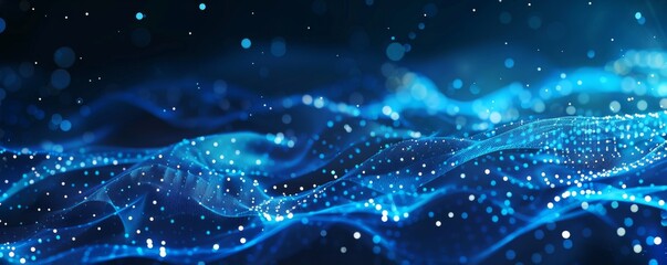 Poster - Abstract blue background with glowing particles and dynamic wave patterns