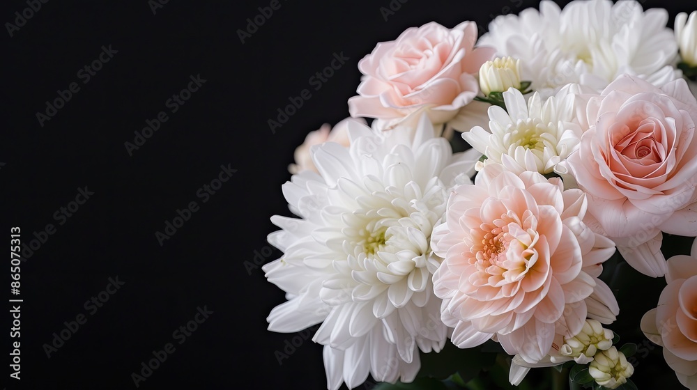 A bouquet of red, white, and pink roses and chrysanthemums arranged on a black background