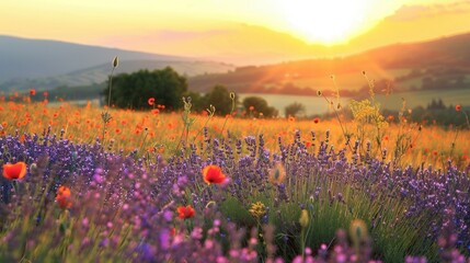 Aufkleber - A field of purple lavender flowers bathed in the warm glow of the morning sun. Generative AI