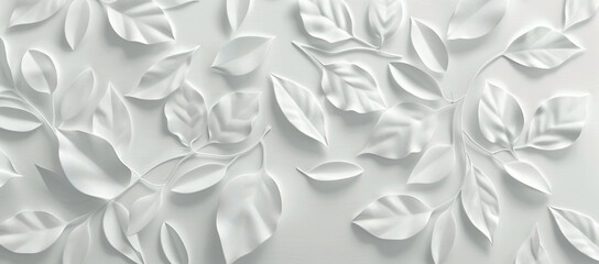 Poster - 3D wallpaper white background with leaves pattern, high detailed in the style of leaves.


