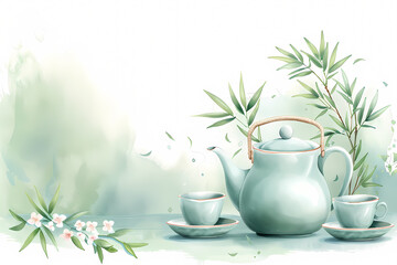 A watercolor painting of a teapot and two teacups set against a background of bamboo and flowers.