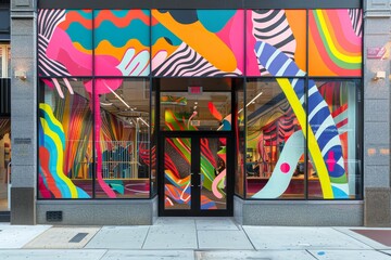 Poster - A building showcasing a large, vibrant mural on its front facade, adding a burst of color to the urban landscape, A vibrant and eye-catching store front design for a retail business