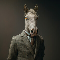 Wall Mural - Portrait of a horse in a business suit on a dark background, 3D render, art creative, success concept 