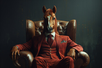 Wall Mural - Portrait of a horse in a business suit on a dark background, 3D render, art creative, success concept 