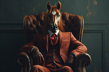 Wall Mural - Portrait of a horse in a business suit on a dark background, 3D render, art creative, success concept 