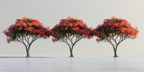 Poster - Three Trees with Red Blossoms in a Minimalist Landscape