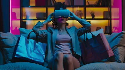 Wall Mural - Sophisticated woman wearing VR headset on couch with bags, exploring the metaverse and shopping in a virtual world.